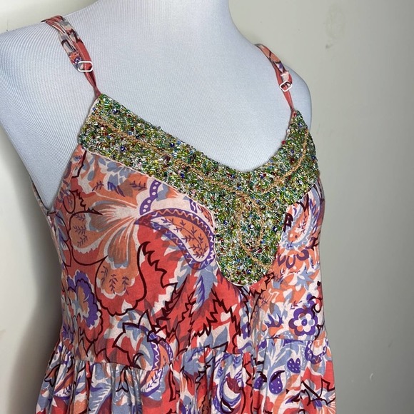 Free People Jeweled Dress Printed Beaded Tiered Ruffle Dress Size Small - Picture 3 of 8